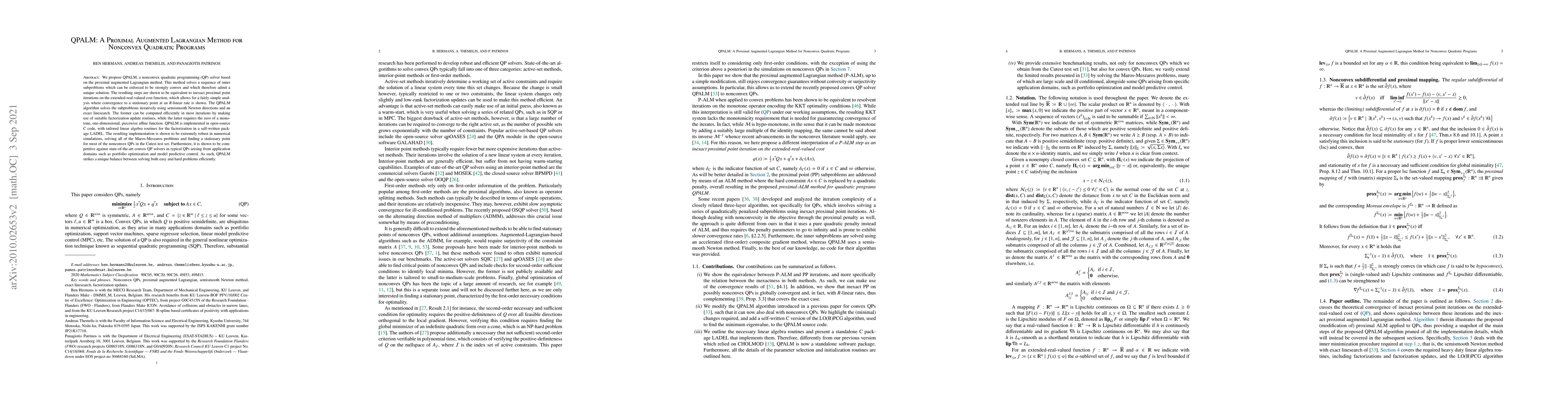Thumbnail for QPALM: A Proximal Augmented Lagrangian Method for Nonconvex Quadratic
  Programs