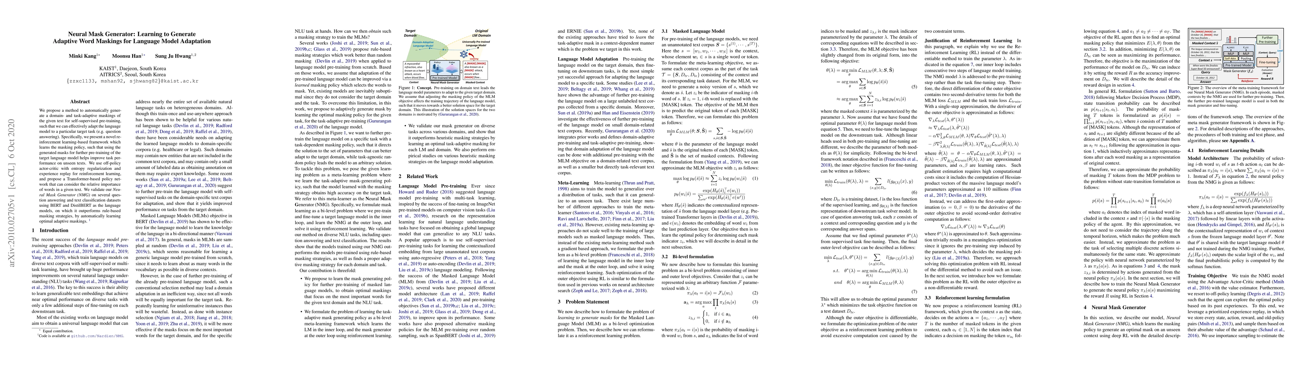 Thumbnail for Neural Mask Generator: Learning to Generate Adaptive Word Maskings for
  Language Model Adaptation
