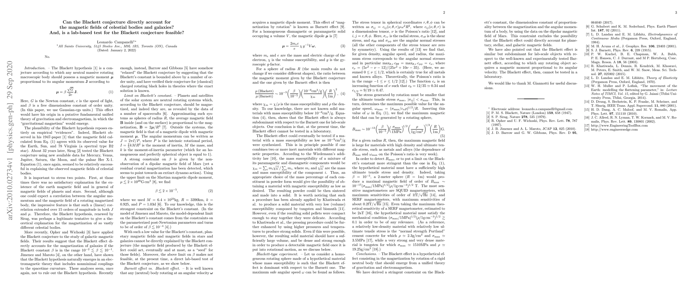 Thumbnail for Can the Blackett conjecture directly account for the magnetic fields of
  celestial bodies and galaxies? And, is a lab-based test for the Blackett
  conjecture feasible?