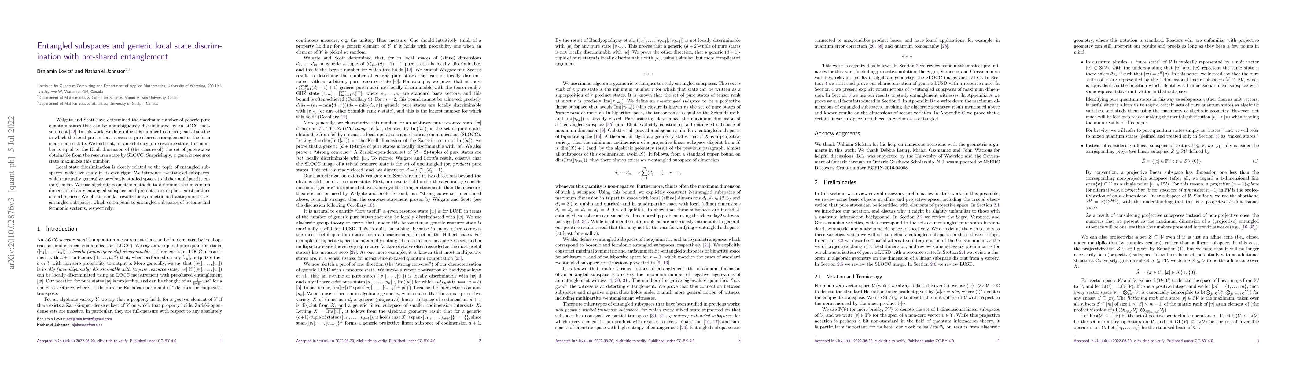 Thumbnail for Entangled subspaces and generic local state discrimination with
  pre-shared entanglement