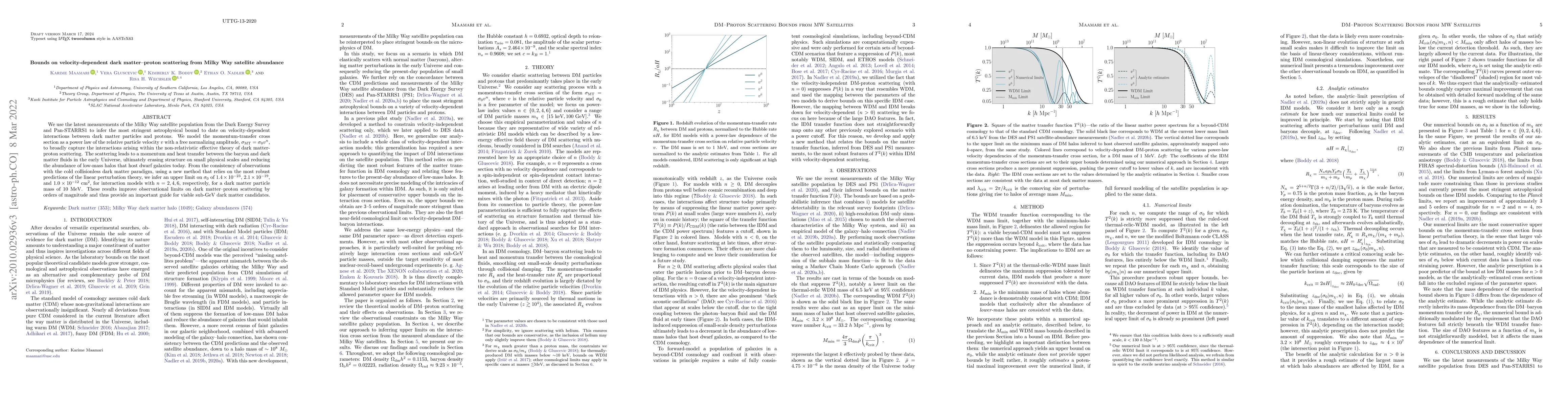 Thumbnail for Bounds on velocity-dependent dark matter-proton scattering from Milky
  Way satellite abundance