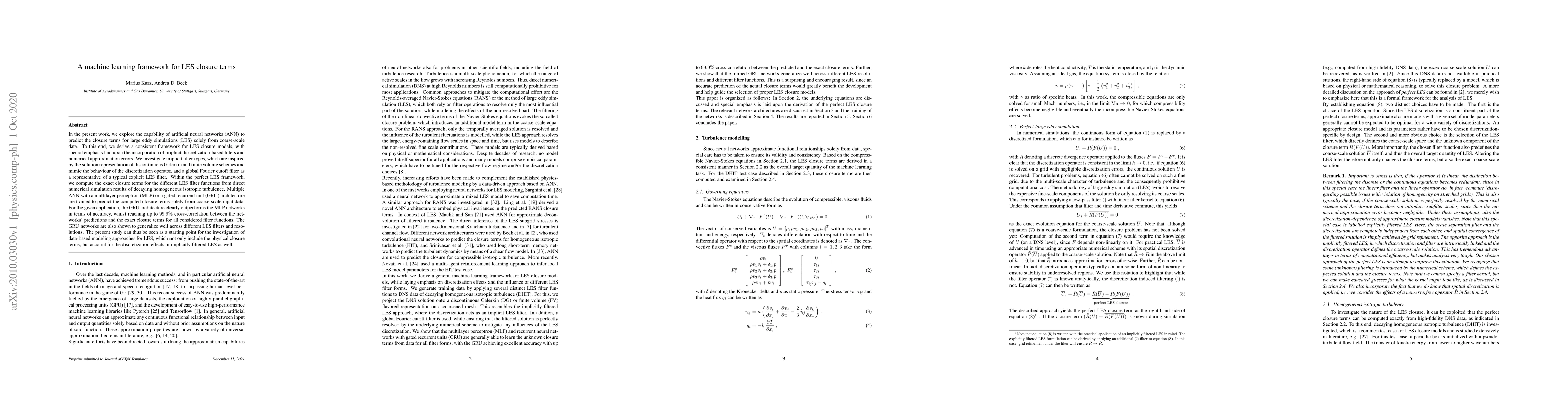 Thumbnail for A machine learning framework for LES closure terms