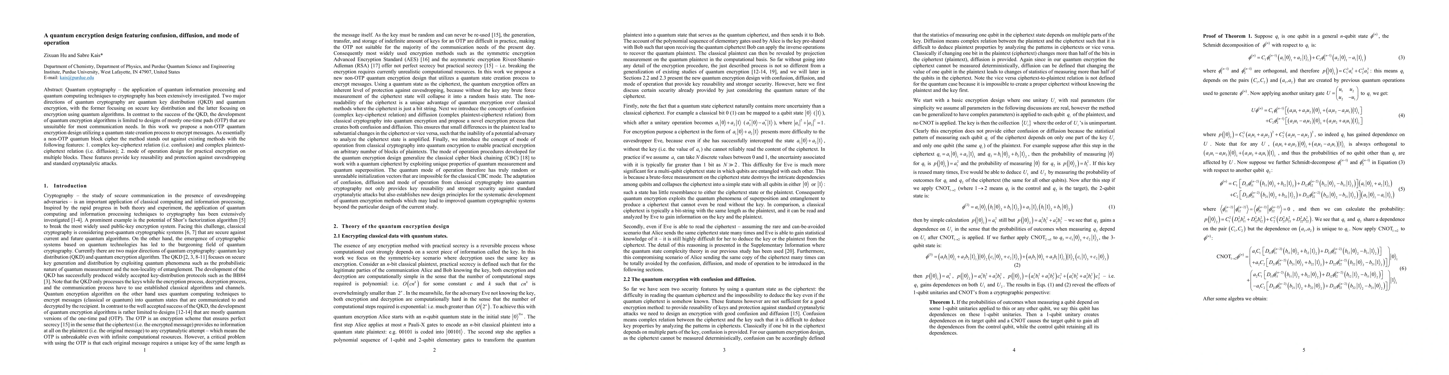 Thumbnail for A quantum encryption design featuring confusion, diffusion, and mode of
  operation