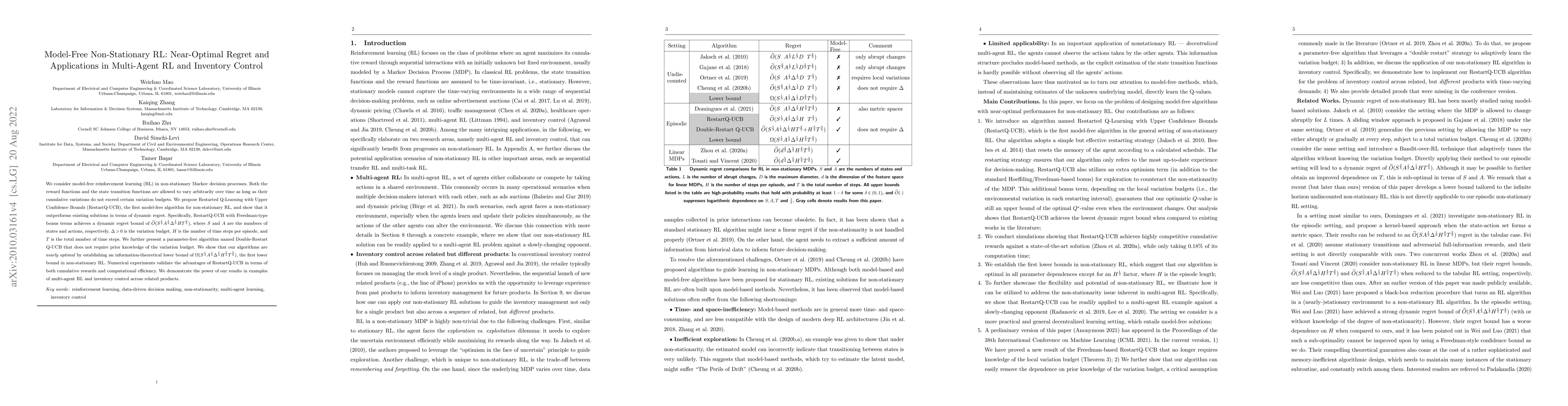 Thumbnail for Model-Free Non-Stationary RL: Near-Optimal Regret and Applications in
  Multi-Agent RL and Inventory Control