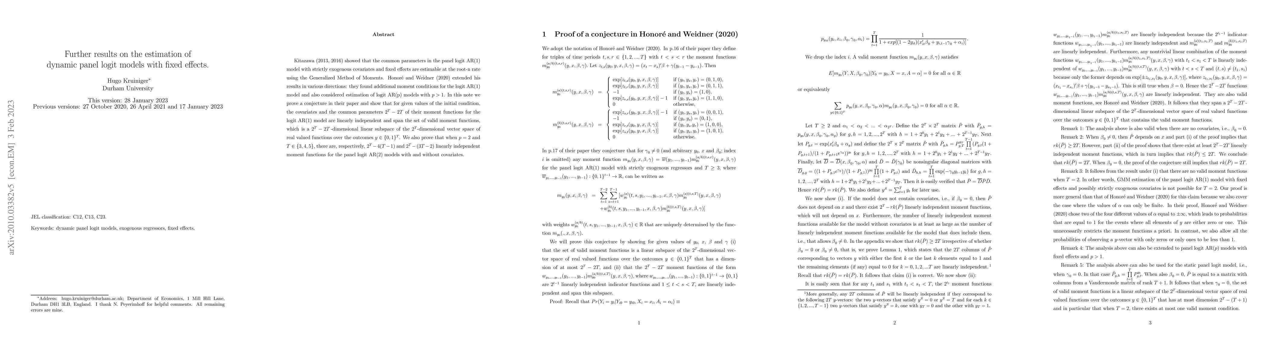 Thumbnail for Further results on the estimation of dynamic panel logit models with
  fixed effects