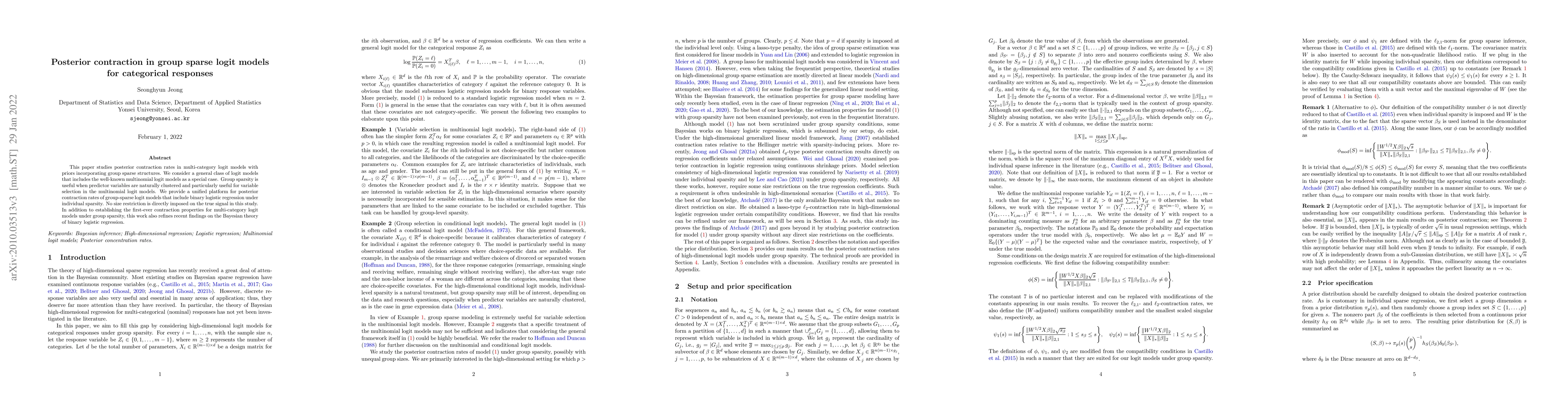 Thumbnail for Posterior contraction in group sparse logit models for categorical
  responses