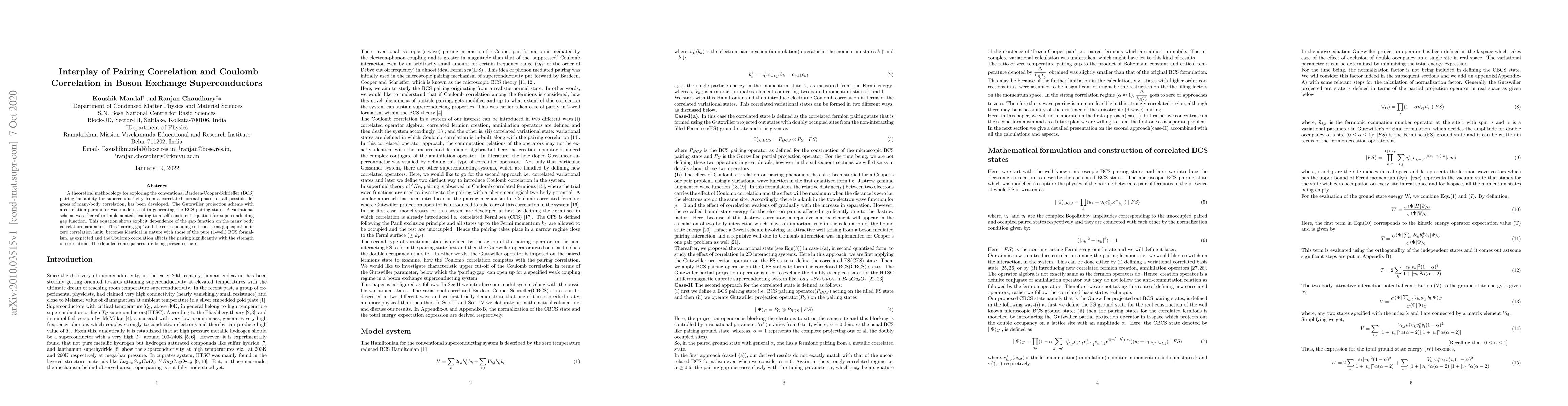 Thumbnail for Interplay of Pairing Correlation and Coulomb Correlation in Boson
  Exchange Superconductors