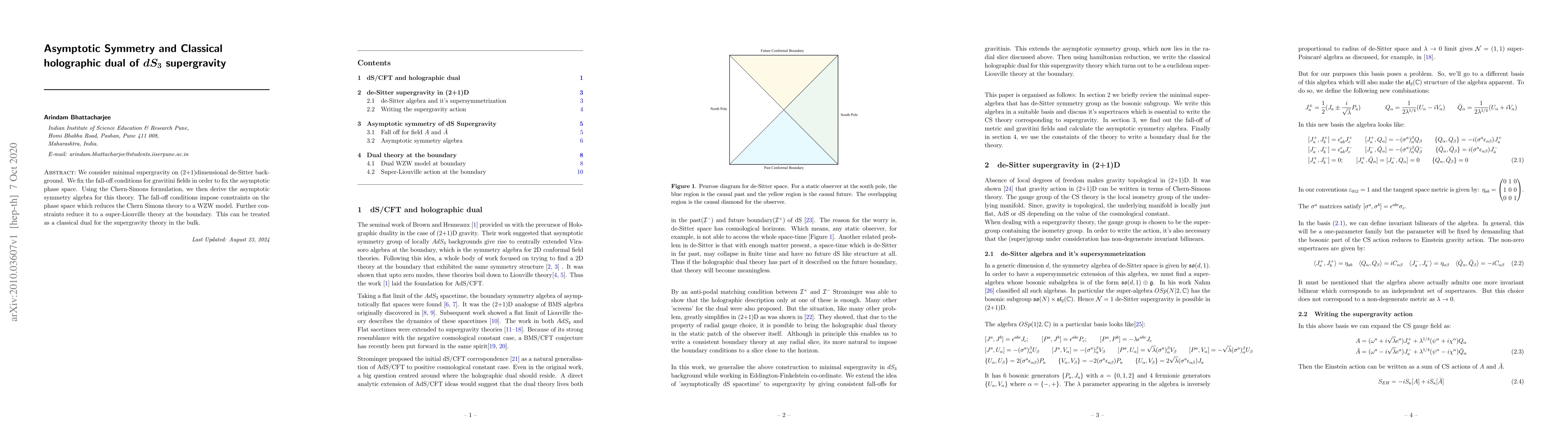 Thumbnail for Asymptotic Symmetry and Classical holographic dual of $dS_3$
  supergravity