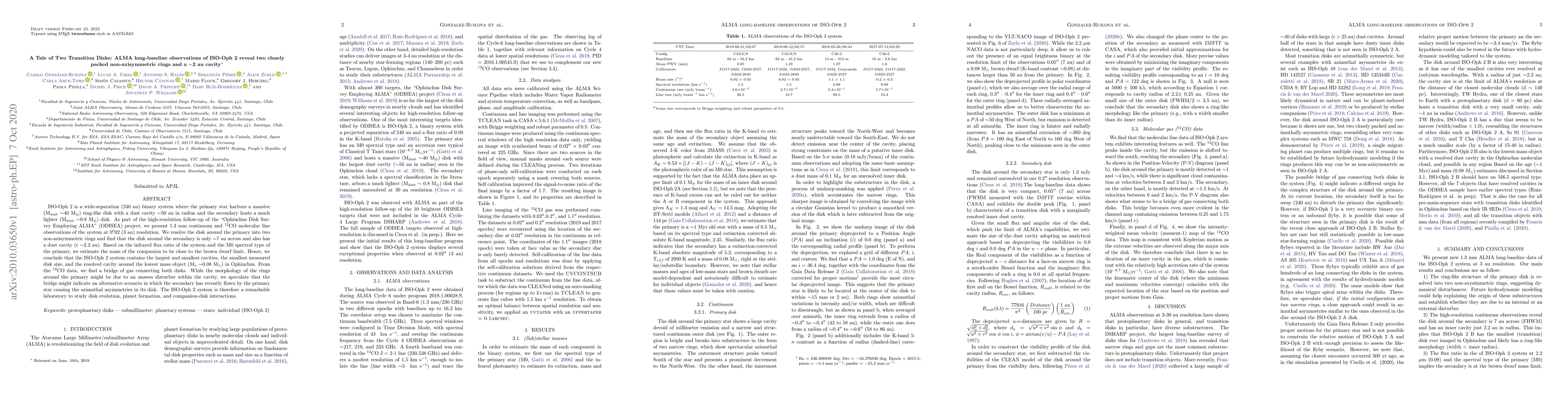 Thumbnail for A Tale of Two Transition Disks: ALMA long-baseline observations of
  ISO-Oph 2 reveal two closely packed non-axisymmetric rings and a $\sim$2 au
  cavity