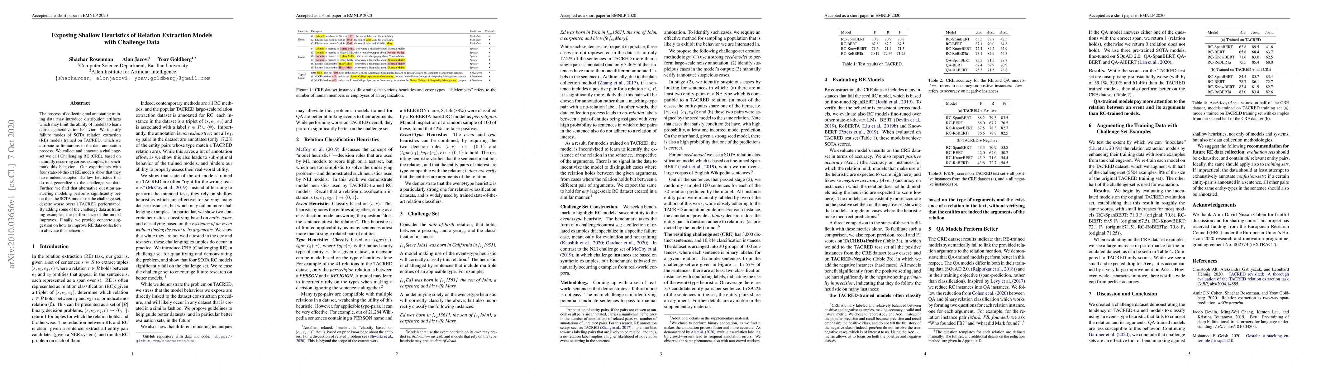 Thumbnail for Exposing Shallow Heuristics of Relation Extraction Models with Challenge
  Data
