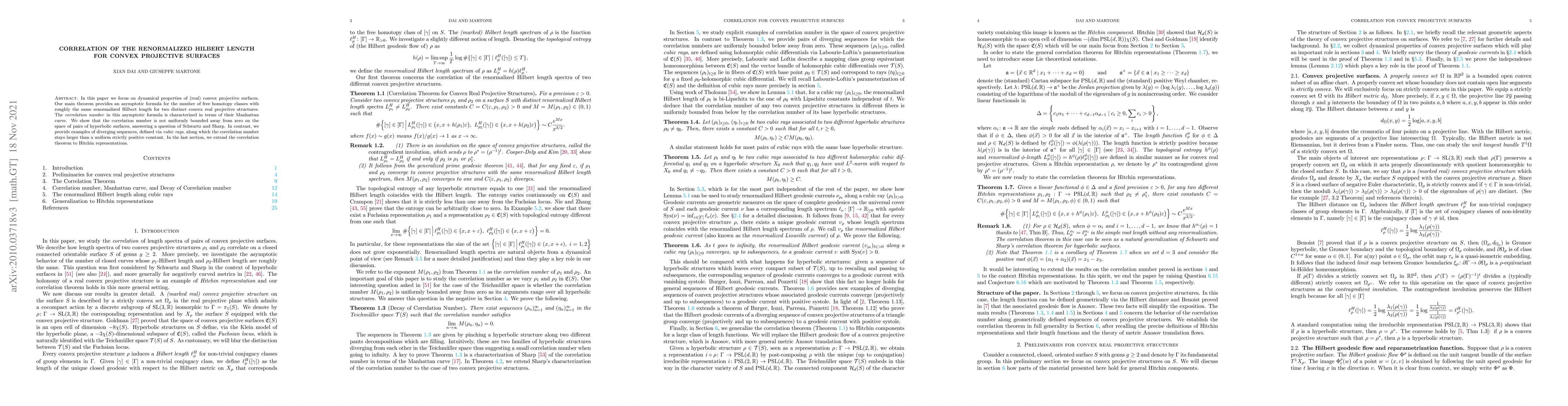 Thumbnail for Correlation of the renormalized Hilbert length for convex projective
  surfaces