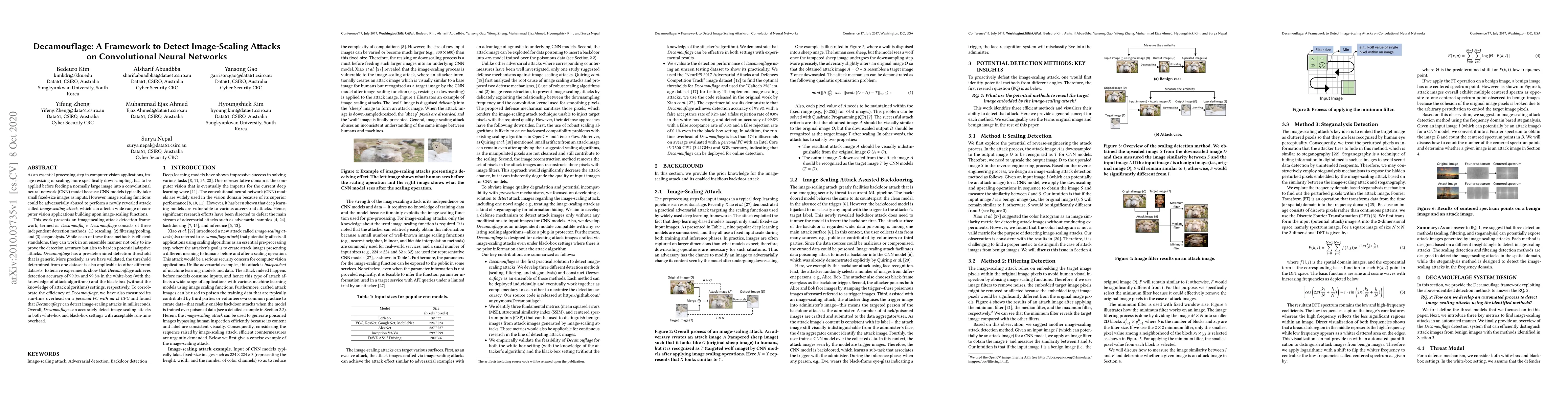 Thumbnail for Decamouflage: A Framework to Detect Image-Scaling Attacks on
  Convolutional Neural Networks