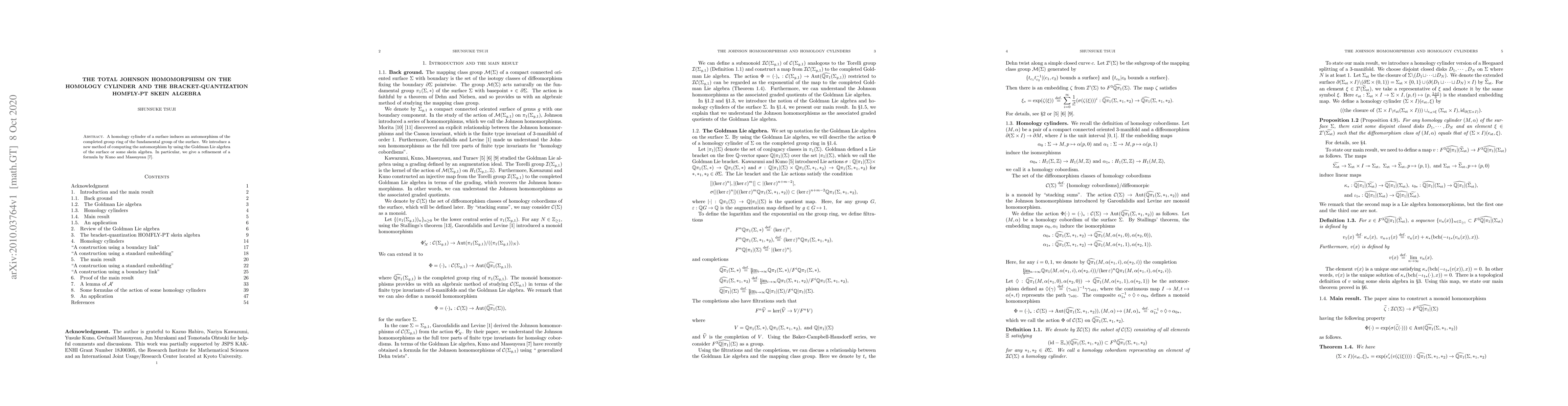 Thumbnail for The total Johnson homomorphism on the homology cylinder and the
  bracket-quantization HOMFLY-PT skein algebra