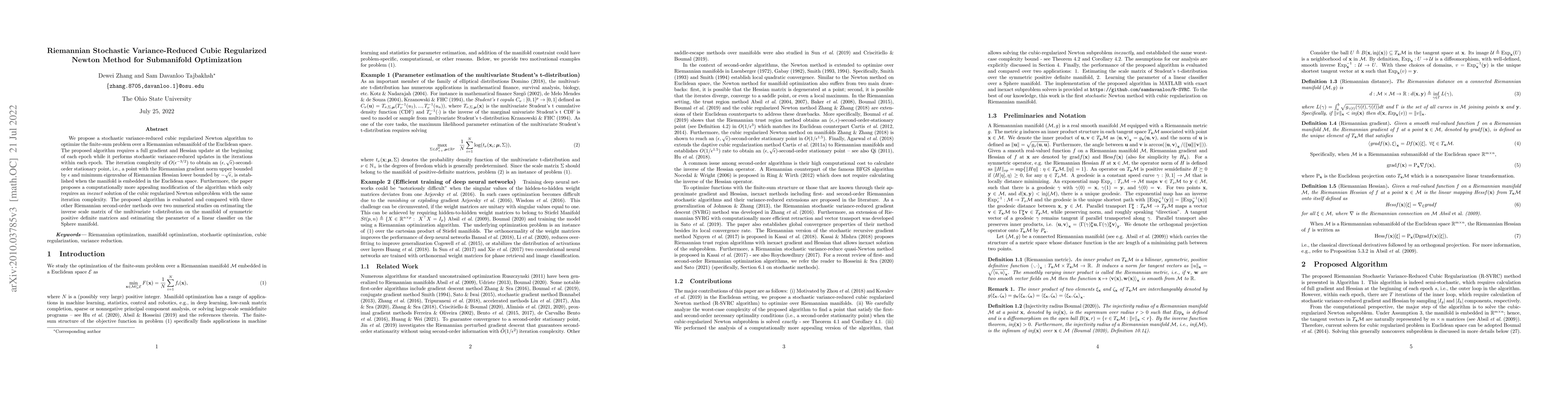 Thumbnail for Riemannian Stochastic Variance-Reduced Cubic Regularized Newton Method
  for Submanifold Optimization