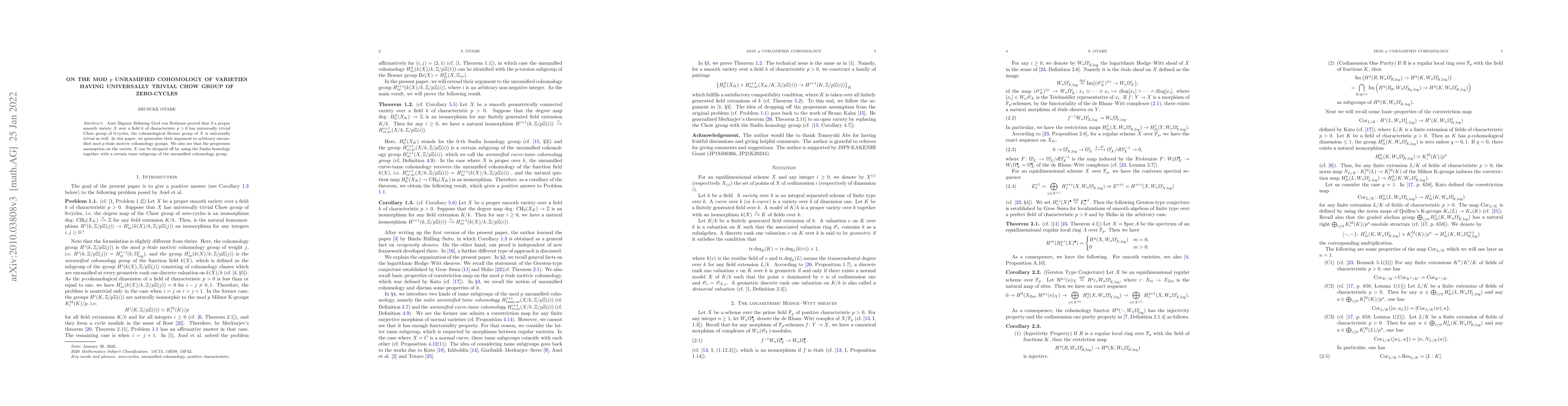 Thumbnail for On the mod $p$ unramified cohomology of varieties having universally
  trivial Chow group of zero-cycles