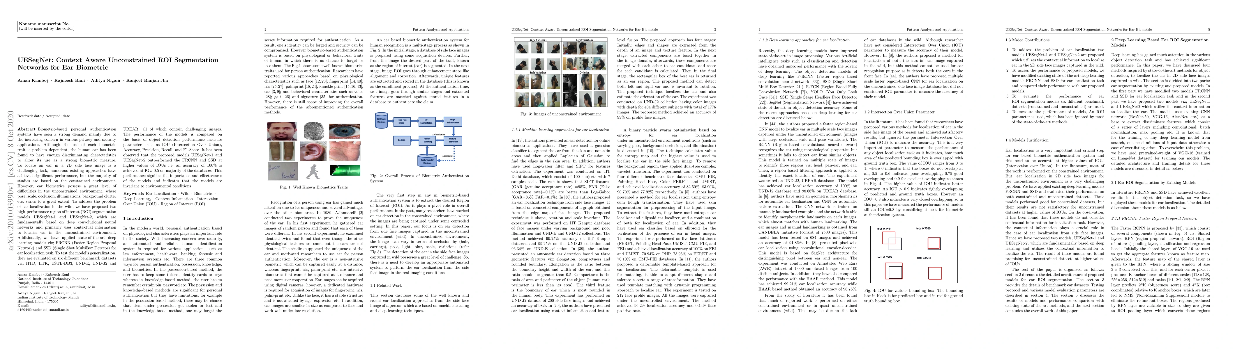 Thumbnail for UESegNet: Context Aware Unconstrained ROI Segmentation Networks for Ear
  Biometric