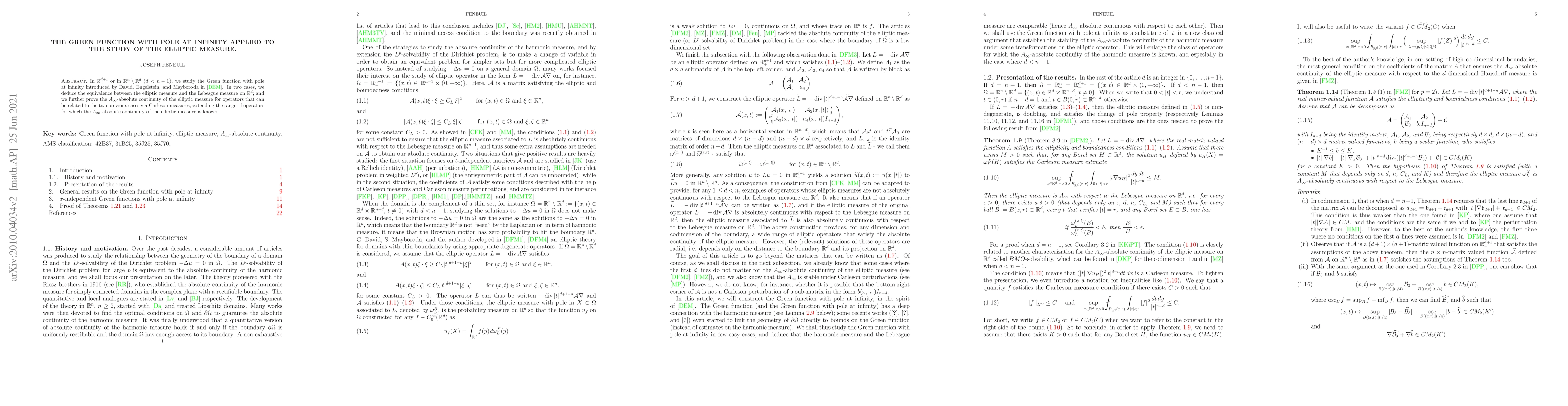 Thumbnail for The Green function with pole at infinity applied to the study of the
  elliptic measure