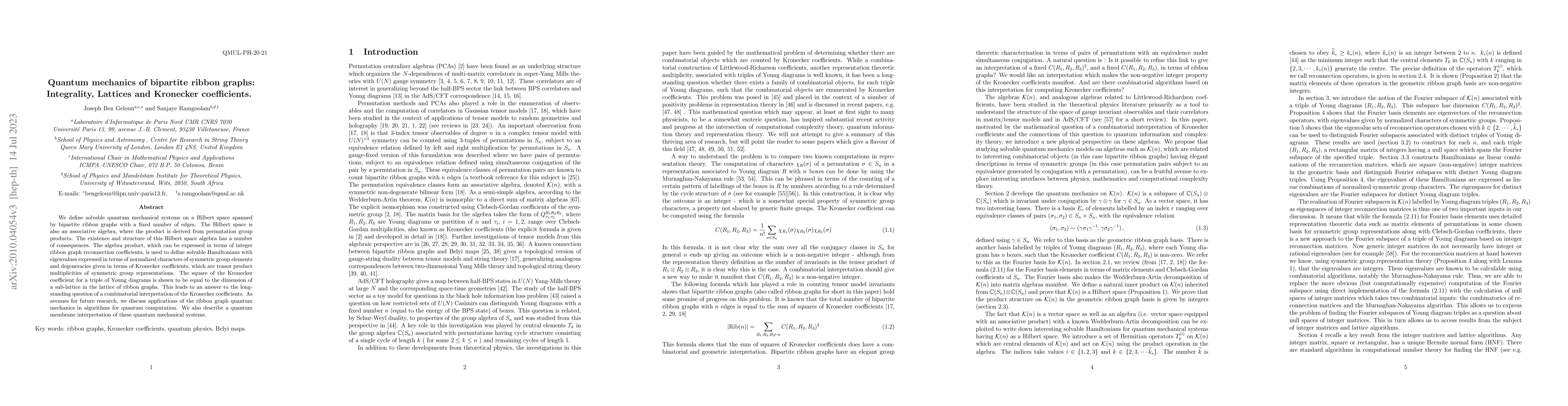 Thumbnail for Quantum mechanics of bipartite ribbon graphs: Integrality, Lattices and
  Kronecker coefficients