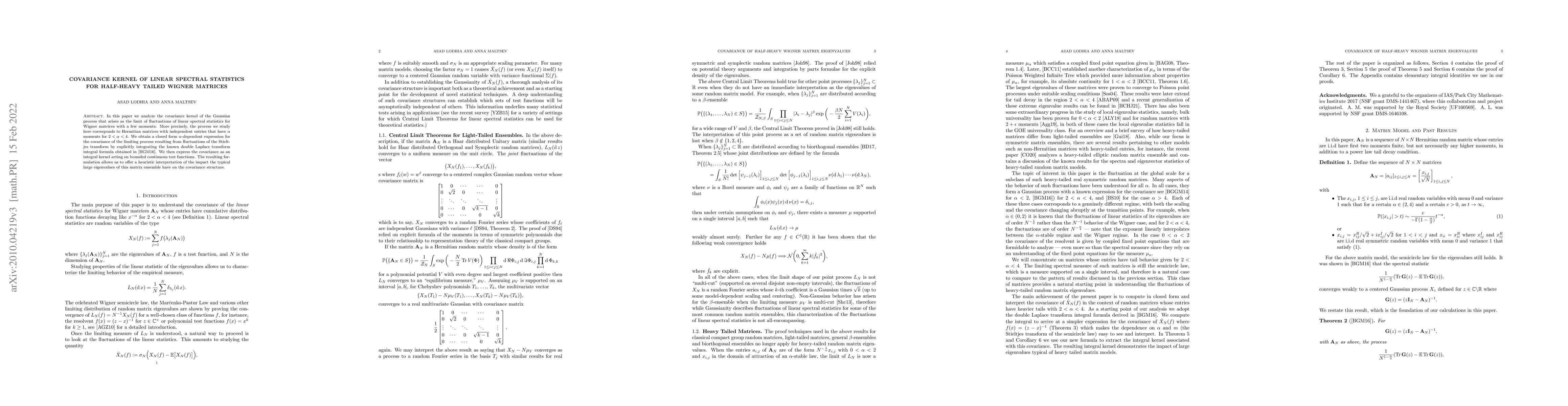 Thumbnail for Covariance Kernel of Linear Spectral Statistics for Half-Heavy tailed
  Wigner Matrices