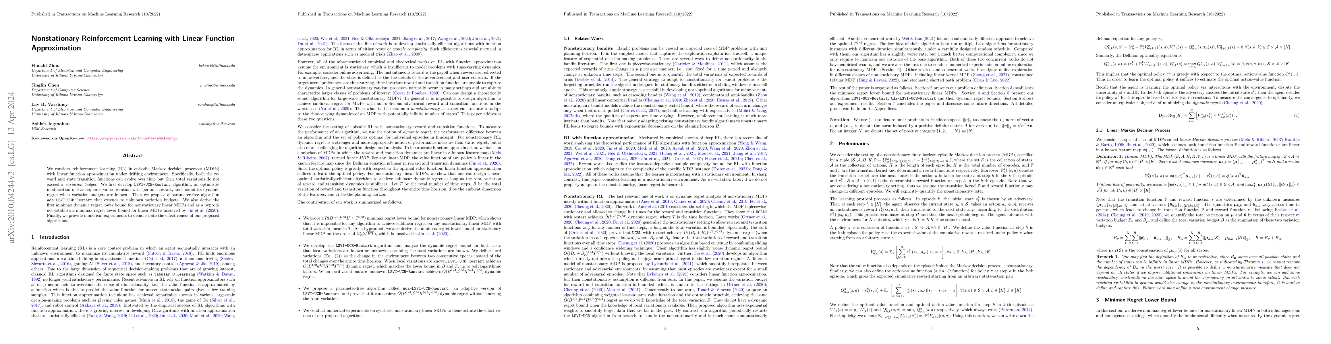 Thumbnail for Nonstationary Reinforcement Learning with Linear Function Approximation