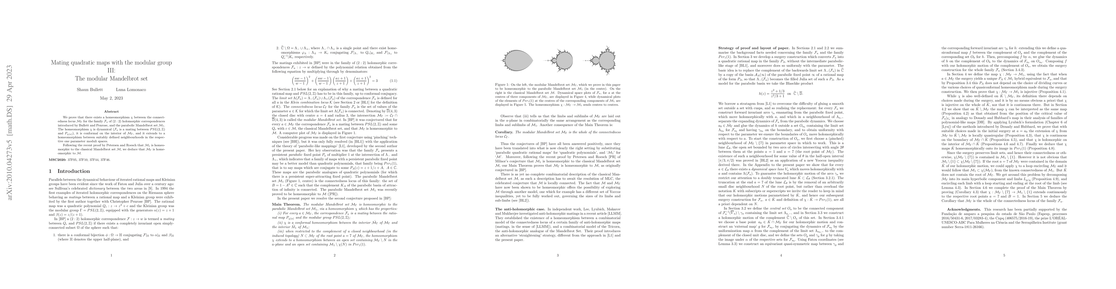 Thumbnail for Mating quadratic maps with the modular group III: The modular Mandelbrot
  set