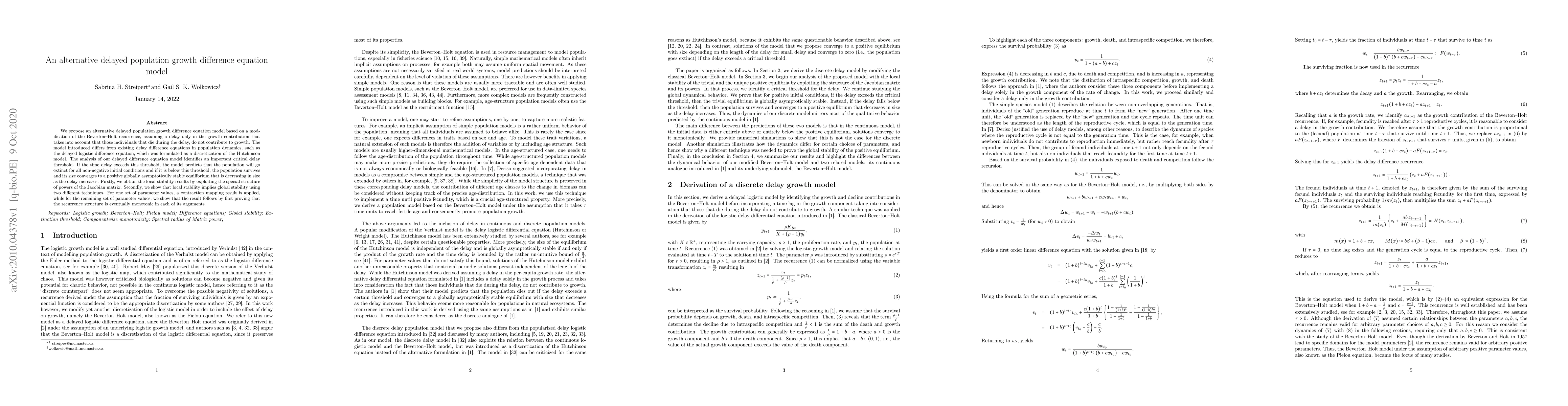 Thumbnail for An alternative delayed population growth difference equation model