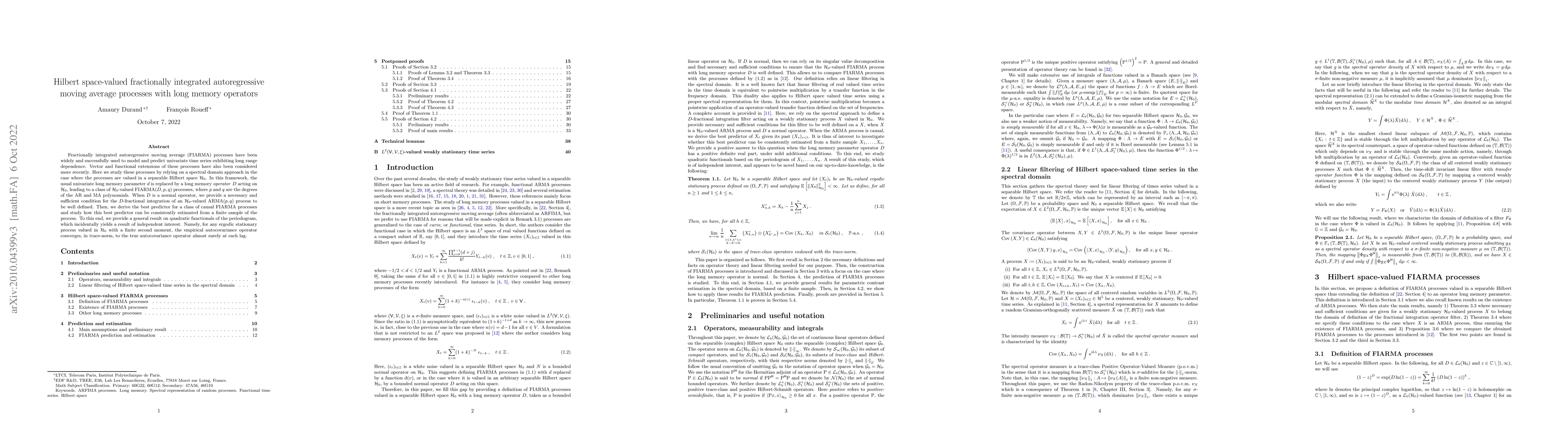 Thumbnail for Hilbert valued fractionally integrated autoregressive moving average
  processes with long memory operators