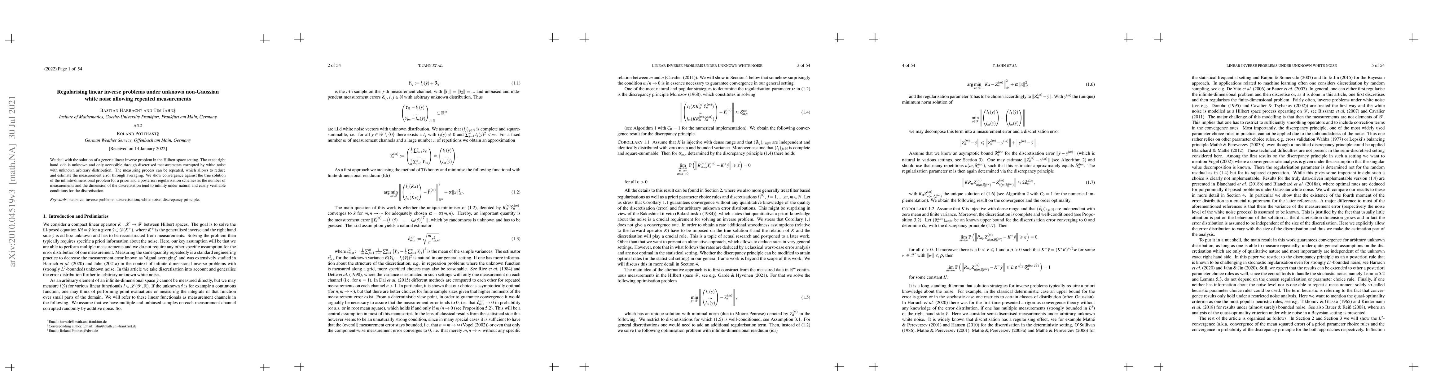 Thumbnail for Regularising linear inverse problems under unknown non-Gaussian white
  noise allowing repeated measurements