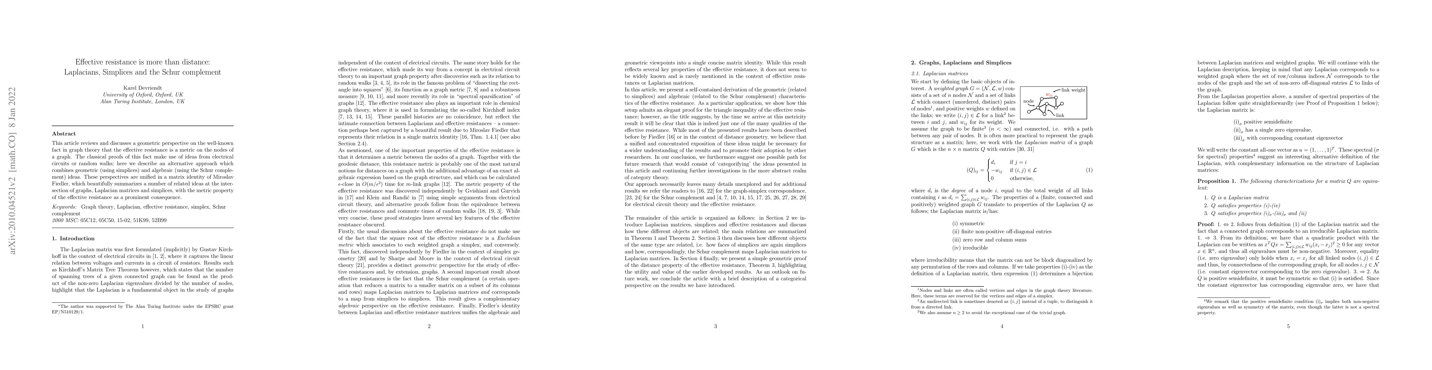 Thumbnail for Effective resistance is more than distance: Laplacians, Simplices and
  the Schur complement
