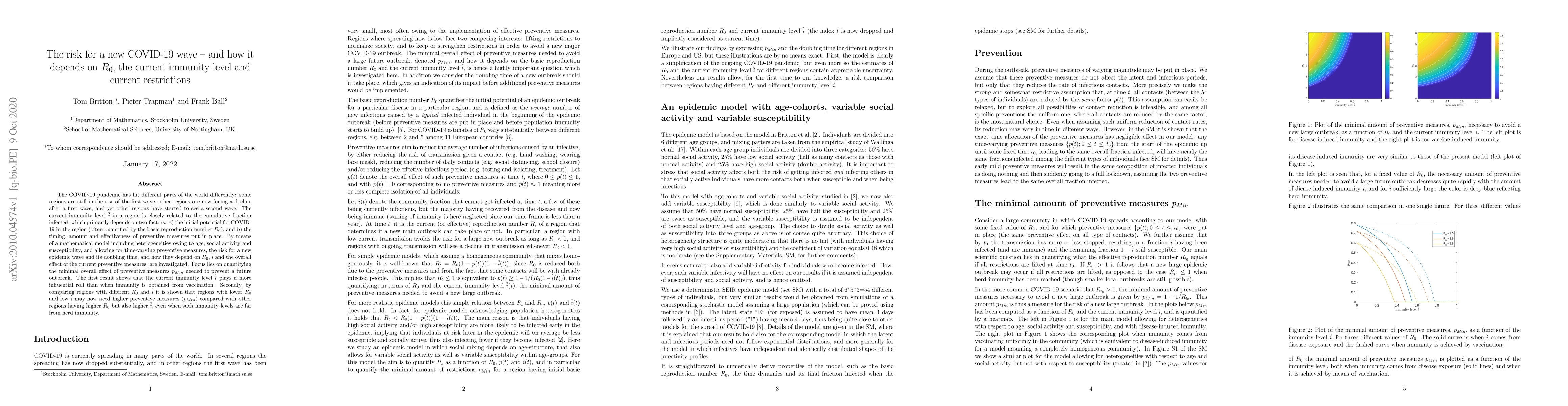 Thumbnail for The risk for a new COVID-19 wave -- and how it depends on $R_0$, the
  current immunity level and current restrictions