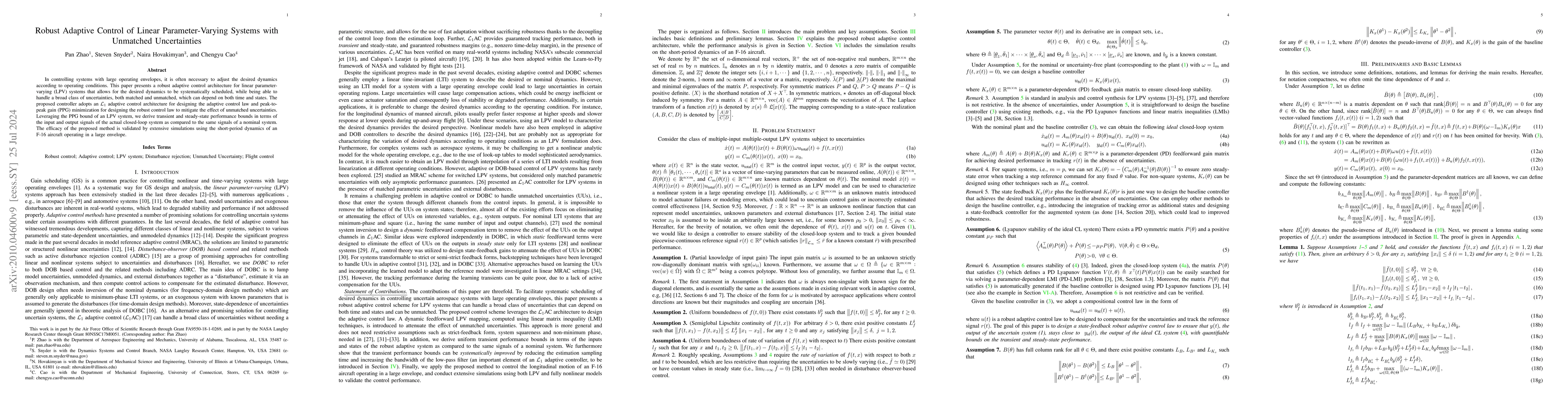 Thumbnail for Robust Adaptive Control of Linear Parameter-Varying Systems with
  Unmatched Uncertainties