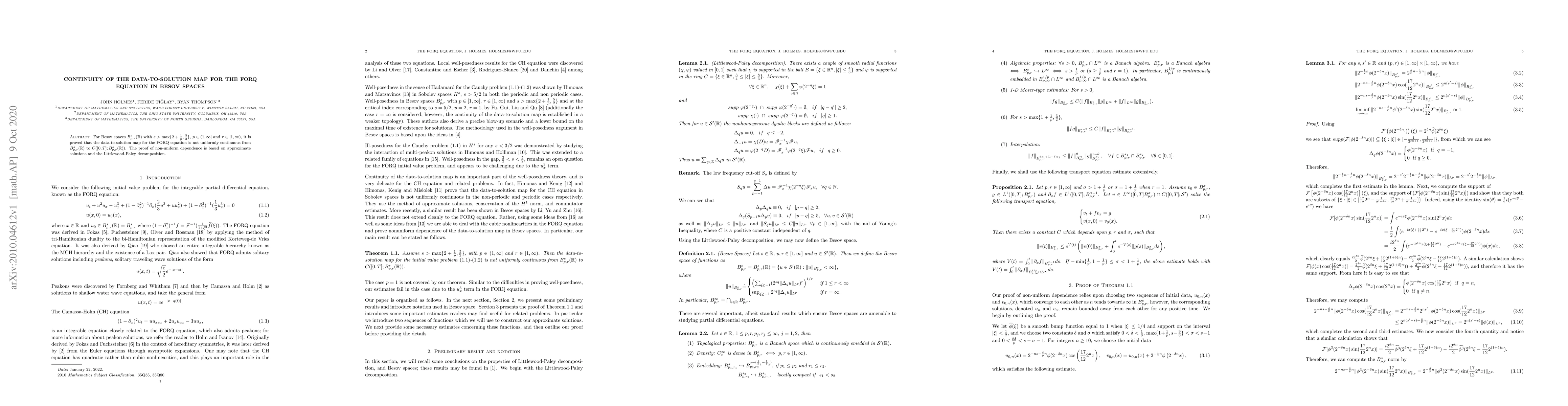 Thumbnail for Continuity of the data-to-solution map for the FORQ equation in Besov
  Spaces