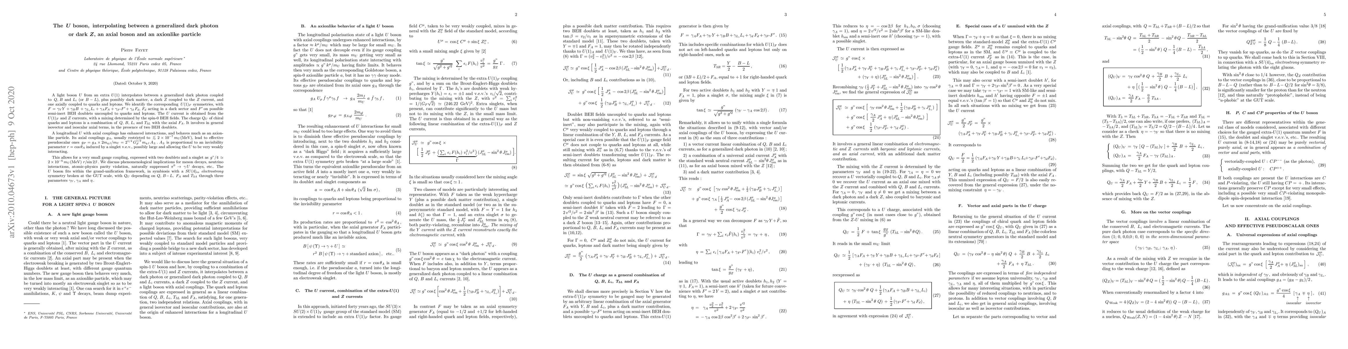 Thumbnail for The $U$ boson, interpolating between a generalized dark photon or dark
  $Z$, an axial boson and an axionlike particle