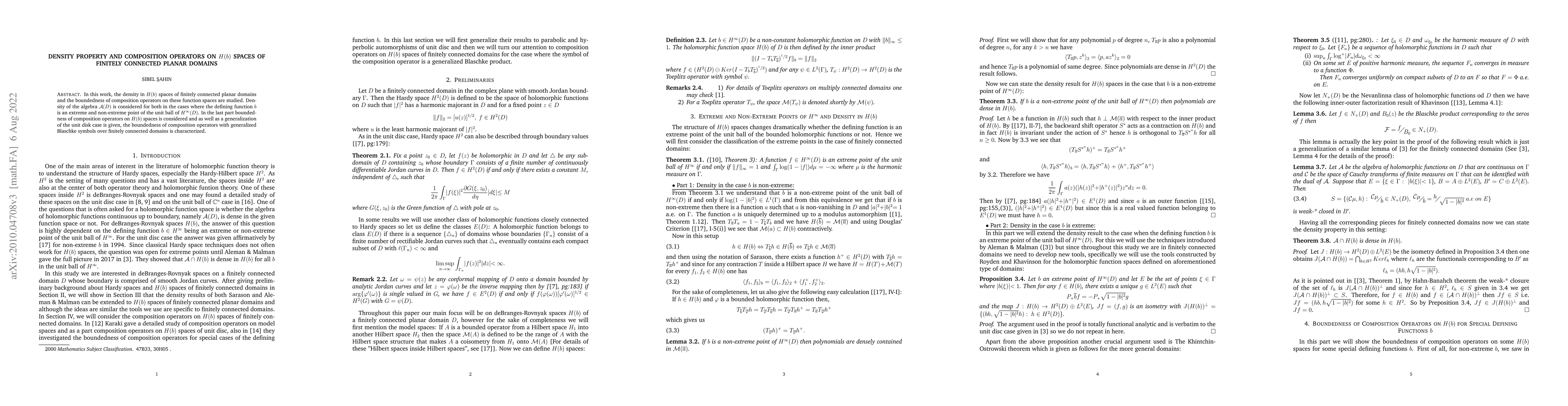 Thumbnail for Density Property and Composition Operators on $H(b)$ Spaces of Finitely
  Connected Planar Domains
