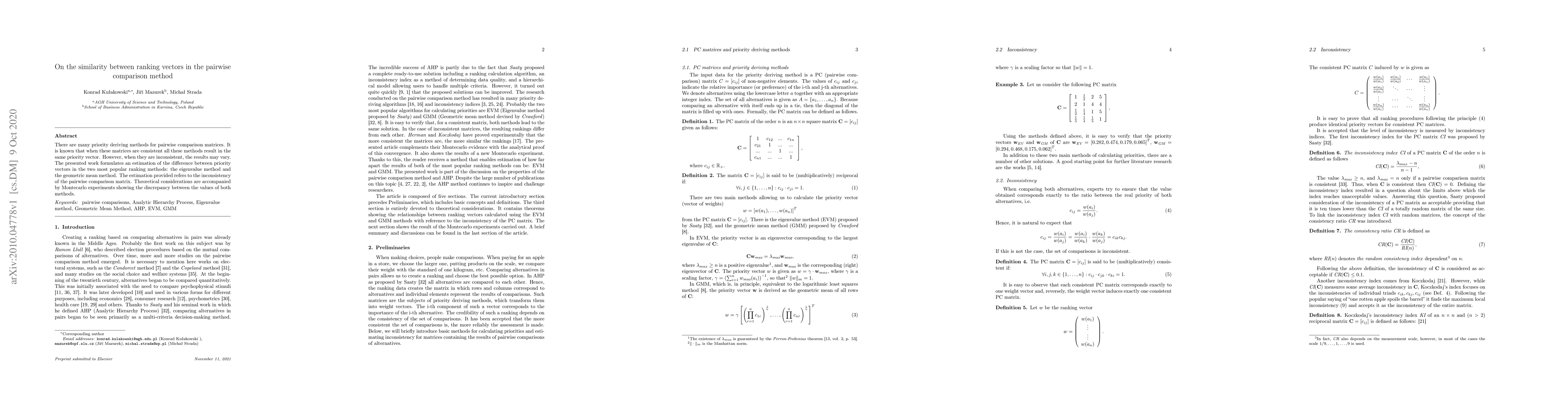 Thumbnail for On the similarity between ranking vectors in the pairwise comparison
  method