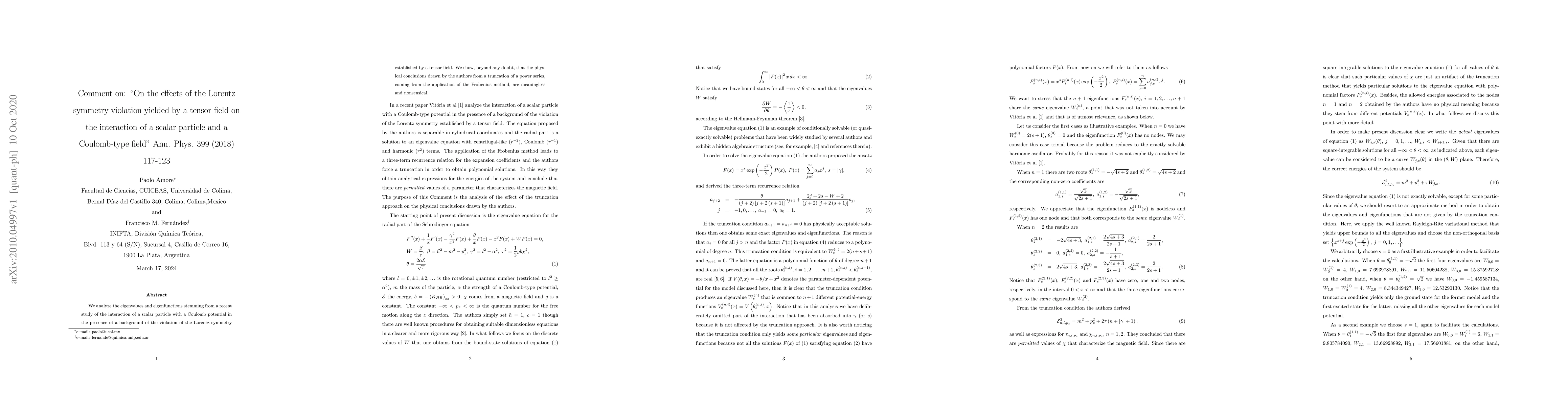 Thumbnail for Comment on: "On the effects of the Lorentz symmetry violation yielded by
  a tensor field on the interaction of a scalar particle and a Coulomb-type
  field" Ann. Phys. 399 (2018) 117-123