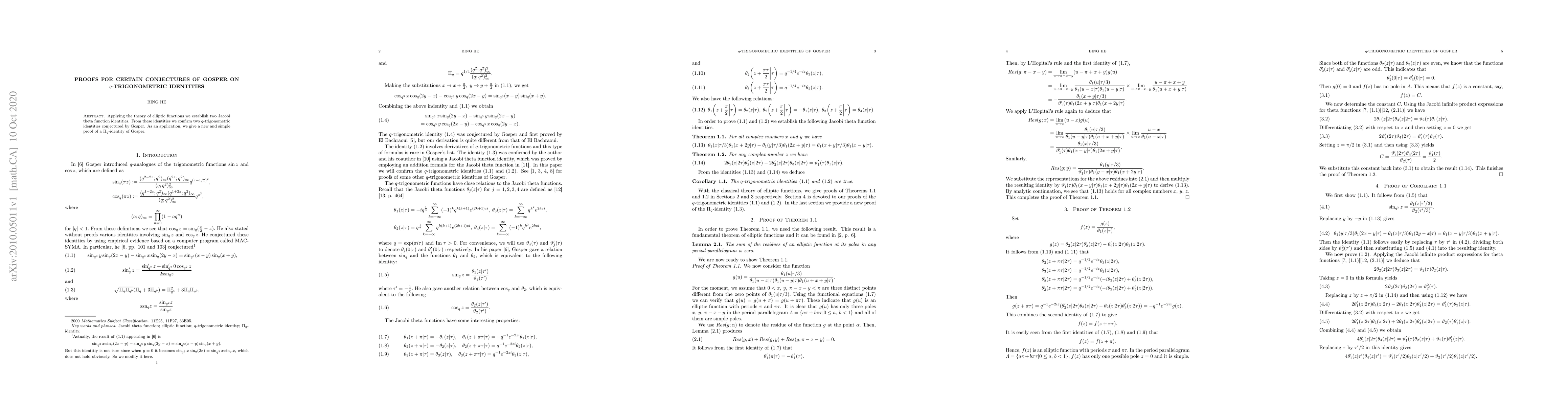 Thumbnail for Proofs for certain conjectures of Gosper on q-trigonometric identities