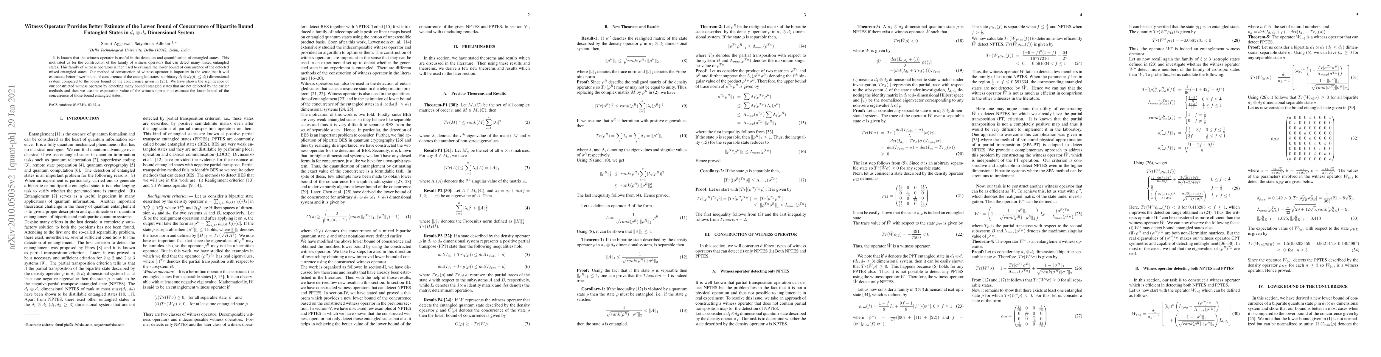 Thumbnail for Witness Operator Provides Better Estimate of the Lower Bound of
  Concurrence of Bipartite Bound Entangled States in $d_{1}\otimes d_{2}$
  Dimensional System