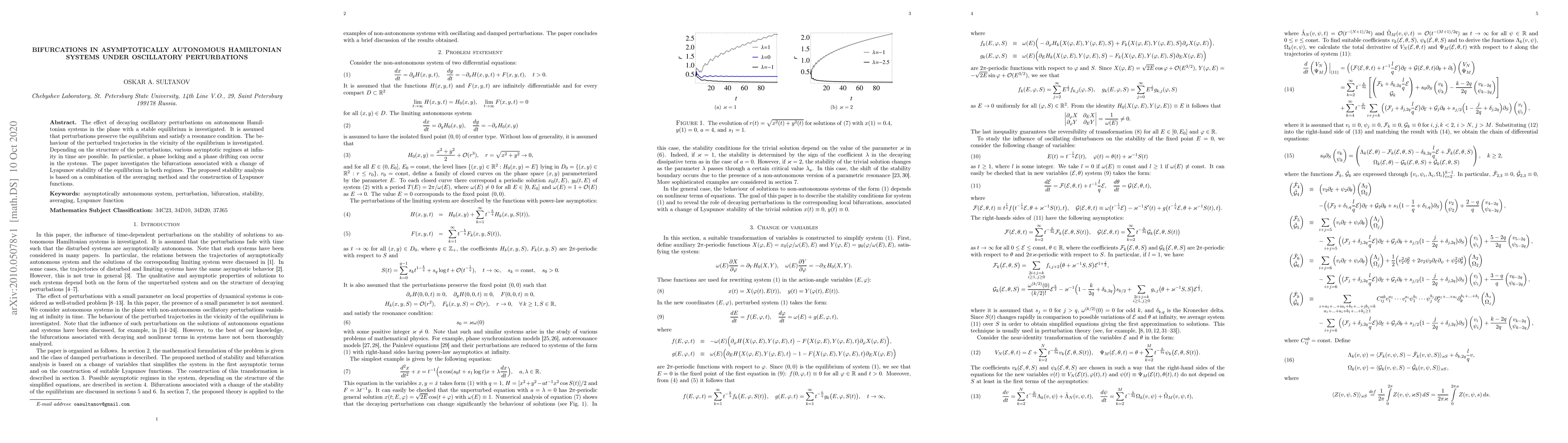 Thumbnail for Bifurcations in asymptotically autonomous Hamiltonian systems under
  oscillatory perturbations