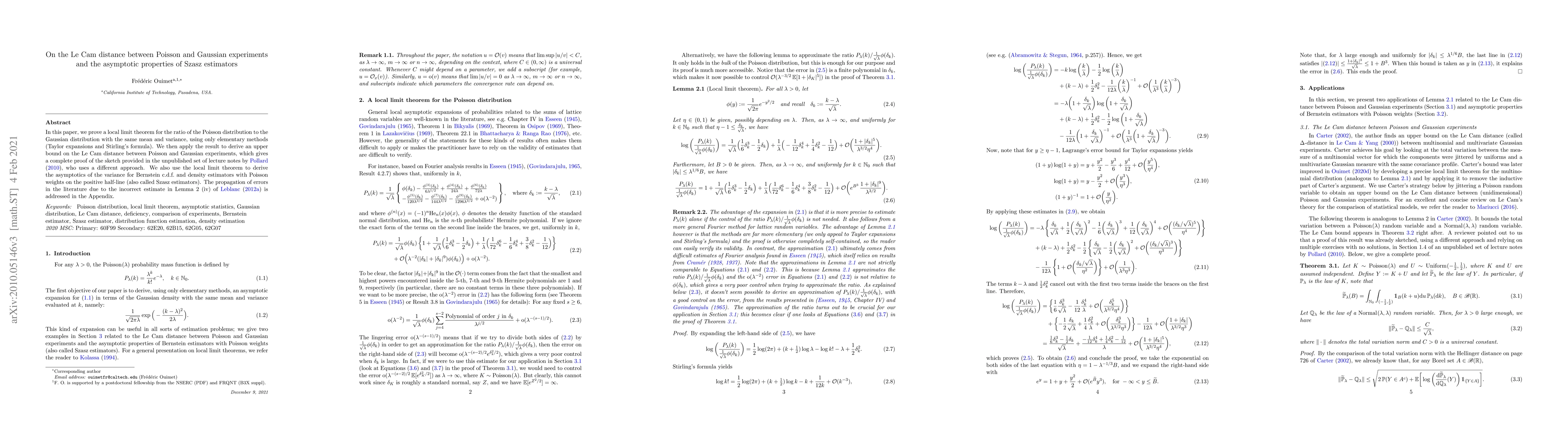 Thumbnail for On the Le Cam distance between Poisson and Gaussian experiments and the
  asymptotic properties of Szasz estimators