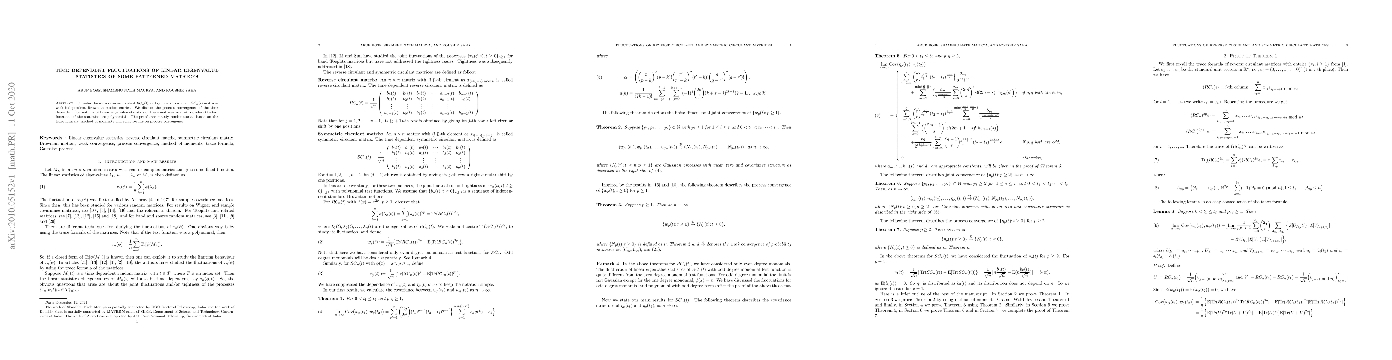 Thumbnail for Time dependent fluctuations of linear eigenvalue statistics of some
  patterned matrices