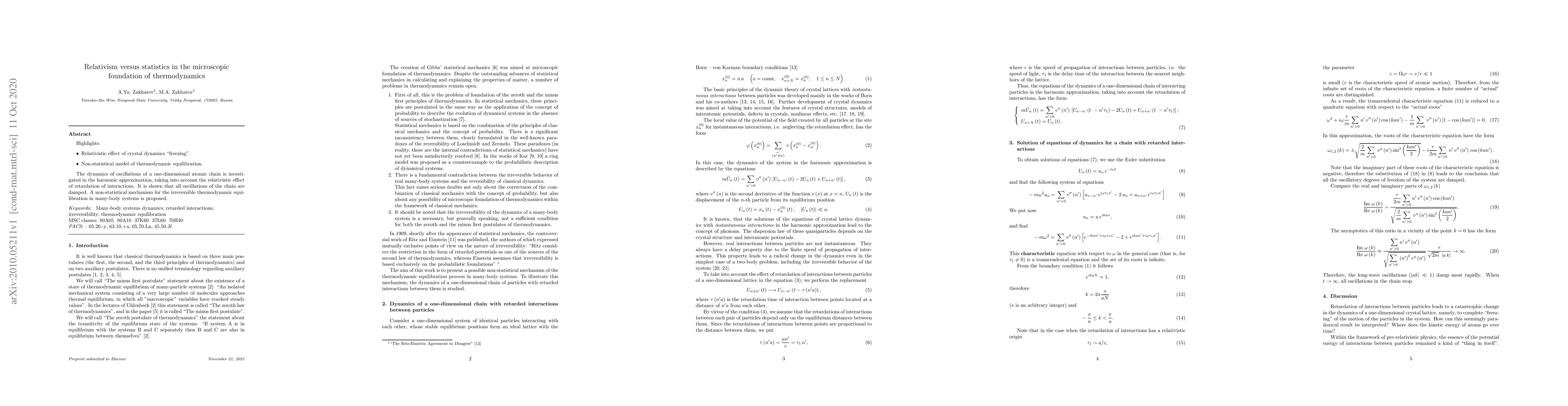 Thumbnail for Relativism versus statistics in the microscopic foundation of
  thermodynamics