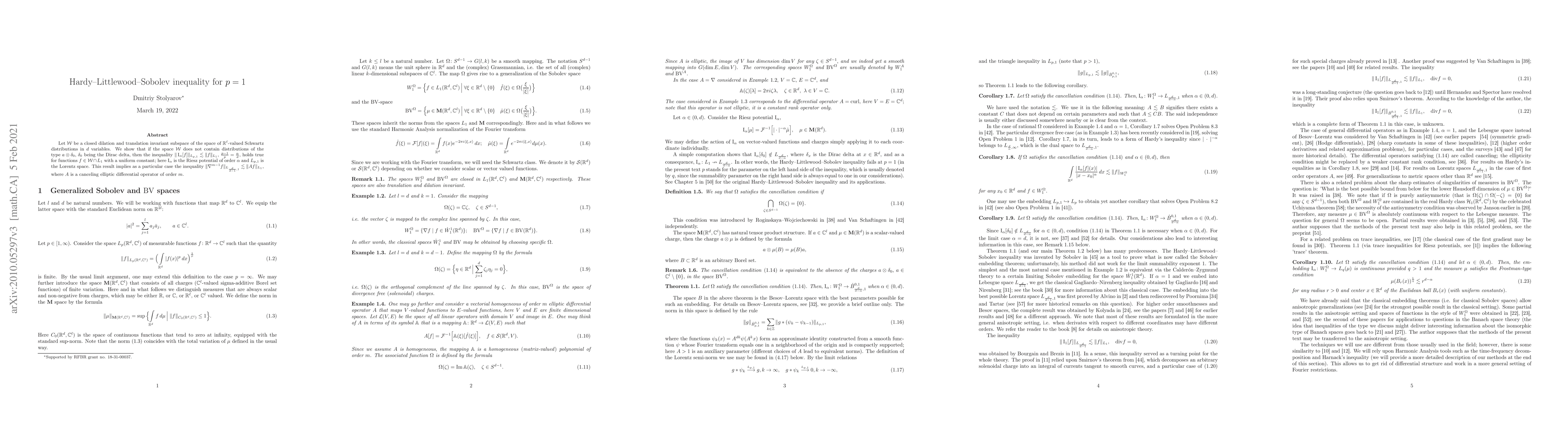 Thumbnail for Hardy--Littlewood--Sobolev inequality for $p=1$