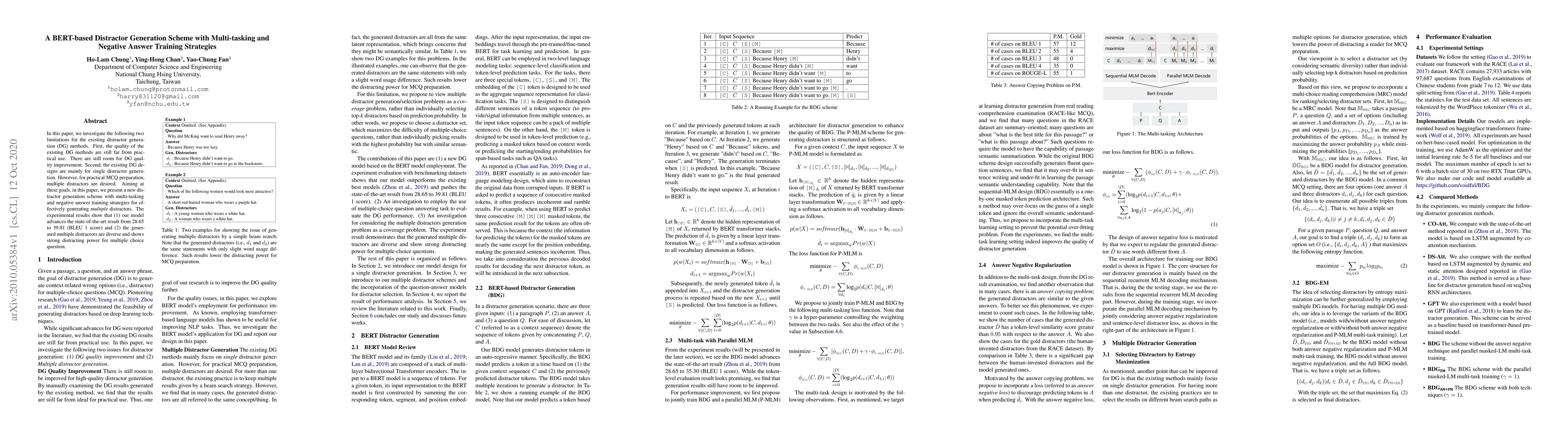 Thumbnail for A BERT-based Distractor Generation Scheme with Multi-tasking and
  Negative Answer Training Strategies