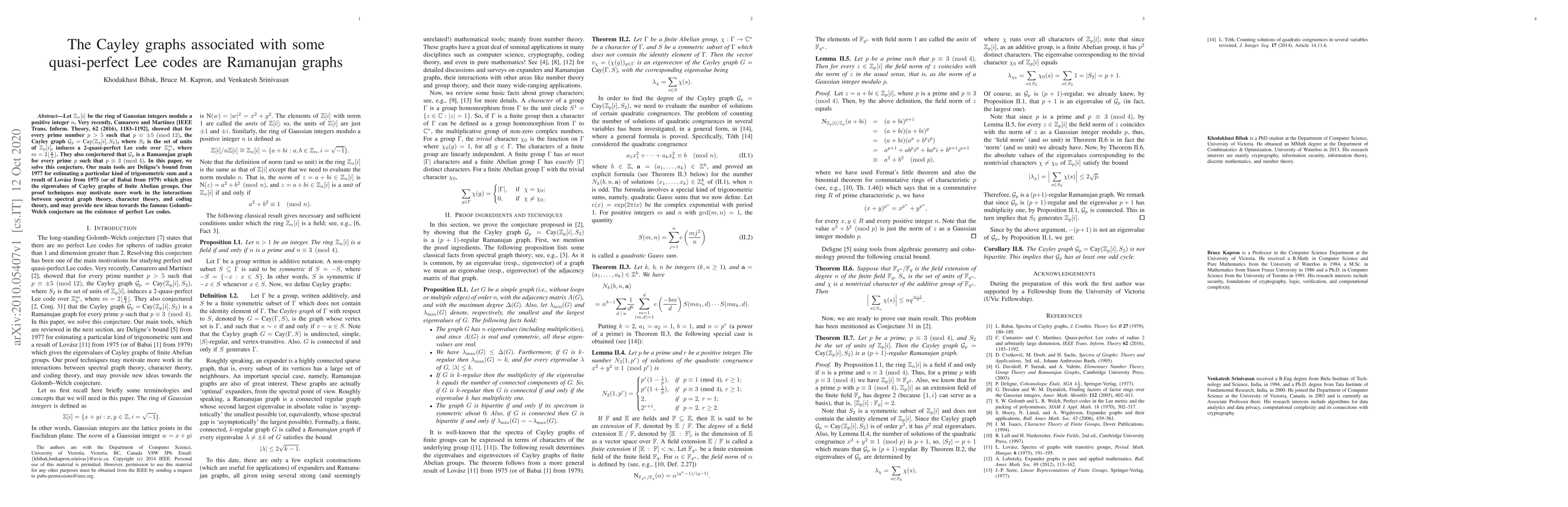 Thumbnail for The Cayley graphs associated with some quasi-perfect Lee codes are
  Ramanujan graphs