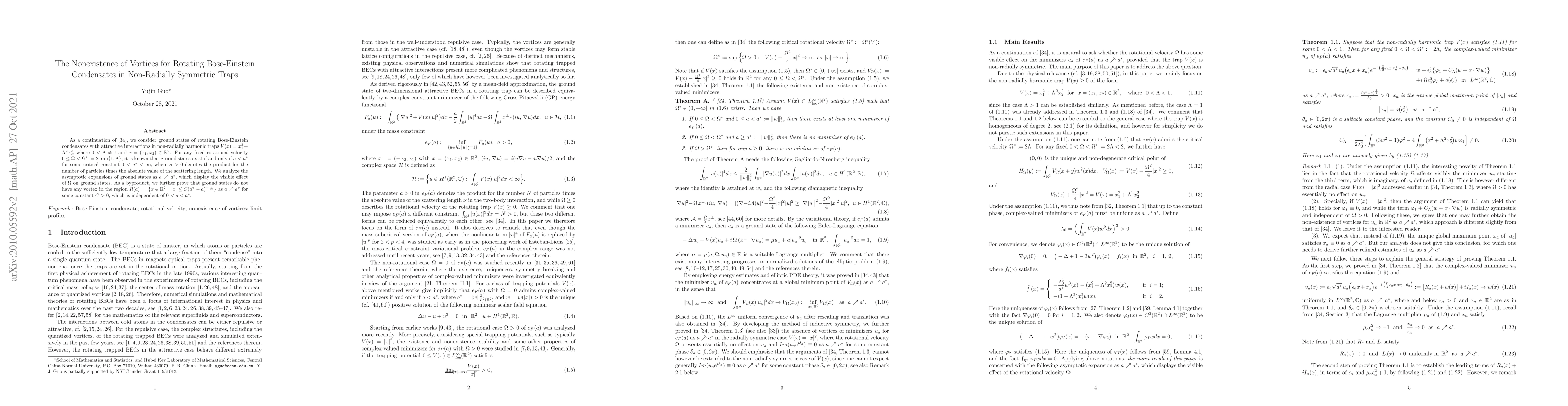 Thumbnail for The Nonexistence of Vortices for Rotating Bose-Einstein Condensates in
  Non-Radially Symmetric Traps