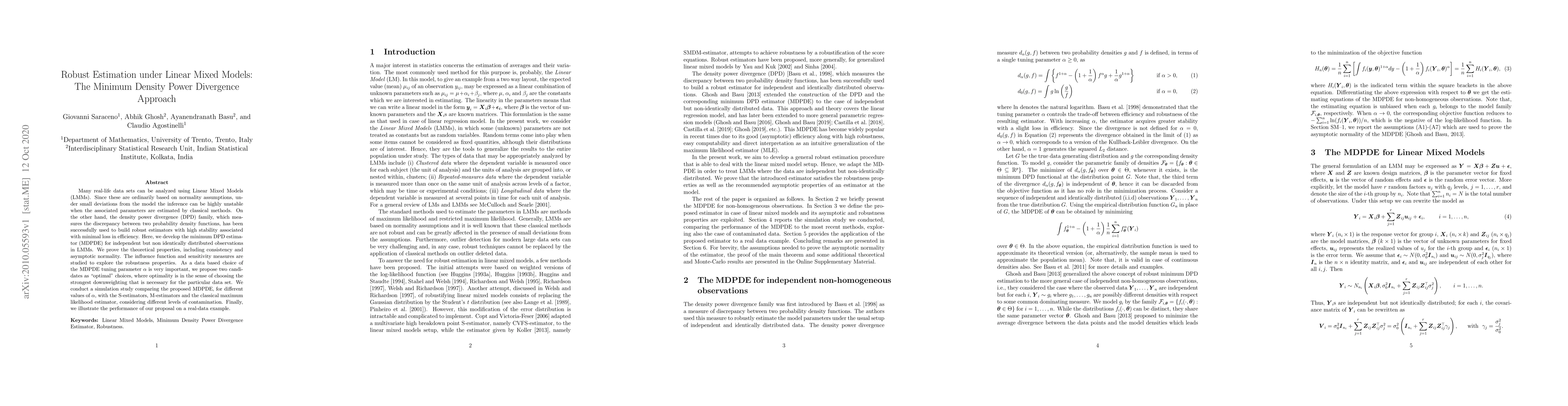 Thumbnail for Robust Estimation under Linear Mixed Models: The Minimum Density Power
  Divergence Approach