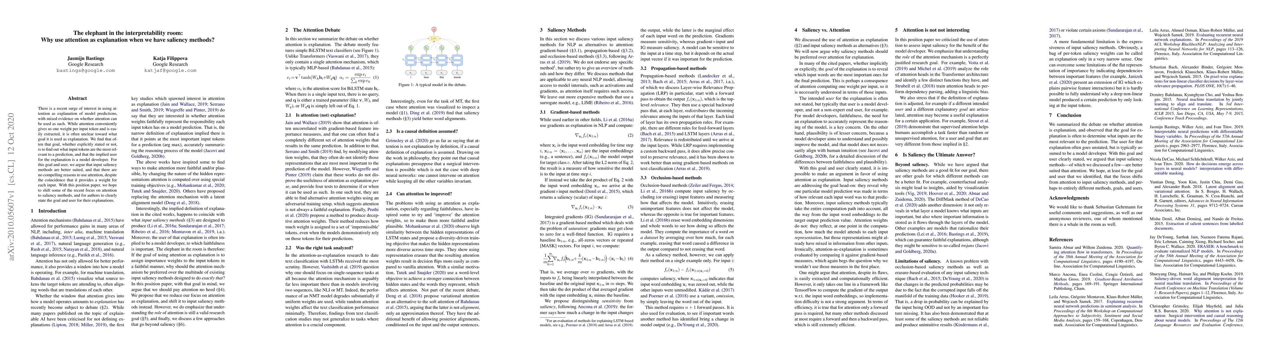 Thumbnail for The elephant in the interpretability room: Why use attention as
  explanation when we have saliency methods?