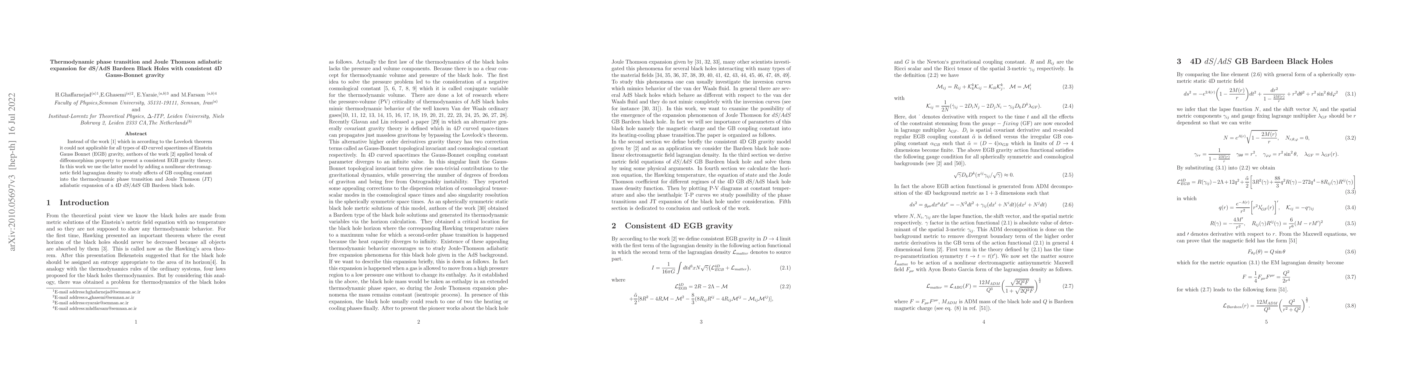 Thumbnail for Thermodynamic phase transition and Joule Thomson adiabatic expansion for
  dS/AdS Bardeen Black Holes with consistent 4D Gauss-Bonnet gravity
