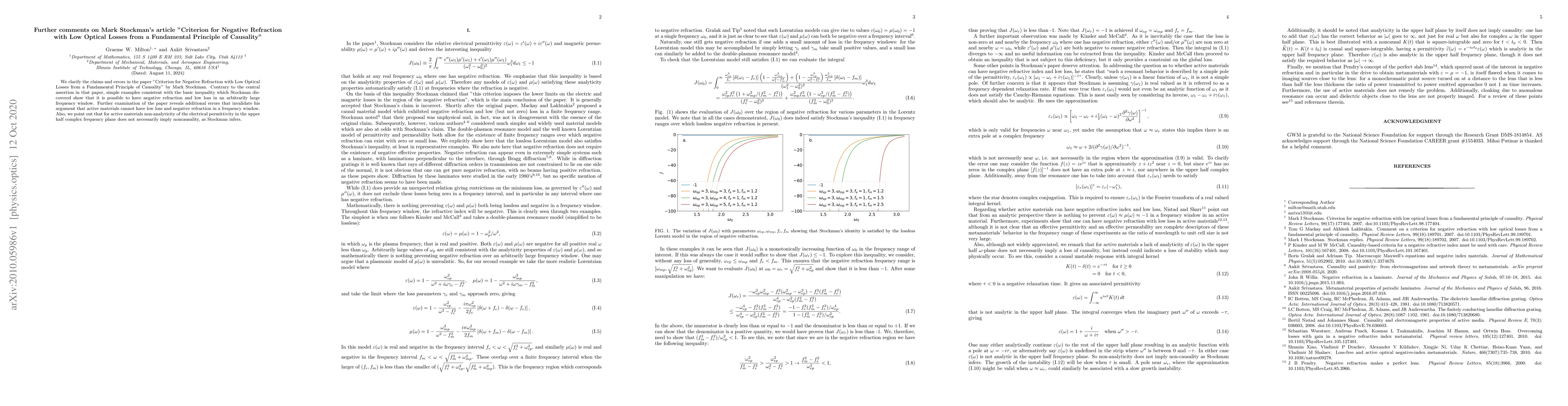 Thumbnail for Further comments on Mark Stockman's article "Criterion for Negative
  Refraction with Low Optical Losses from a Fundamental Principle of Causality"